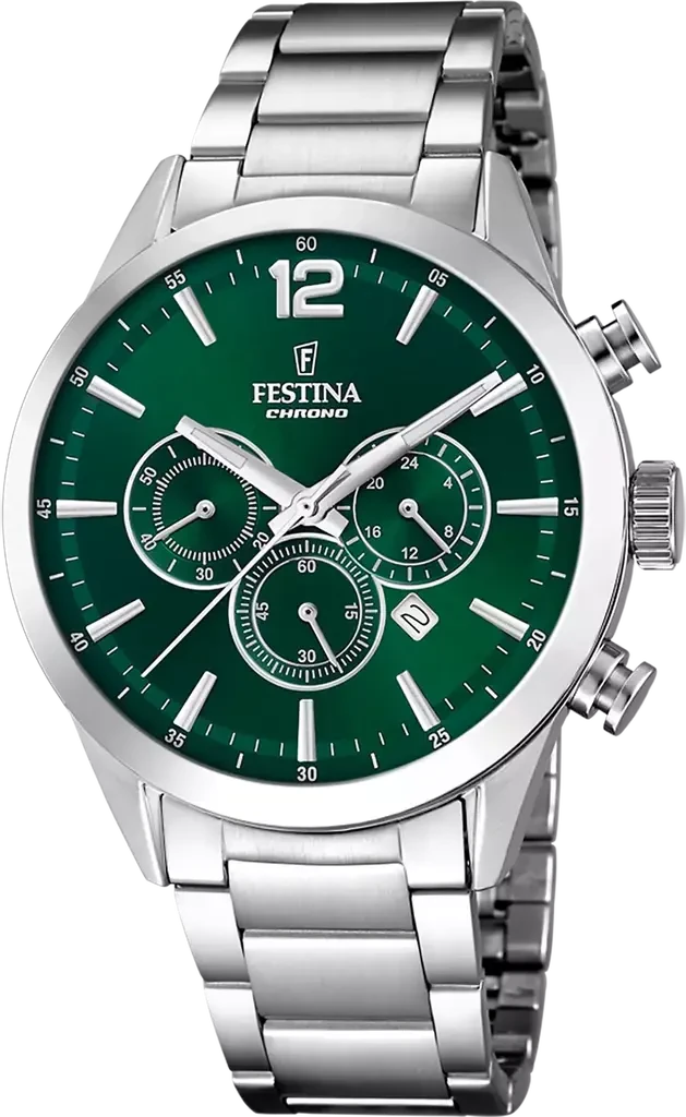 Наручний годинник чоловічий Festina F20343/B Timeless Chronograph з сталевим корпусом WR 50 м та зеленим циферблатом