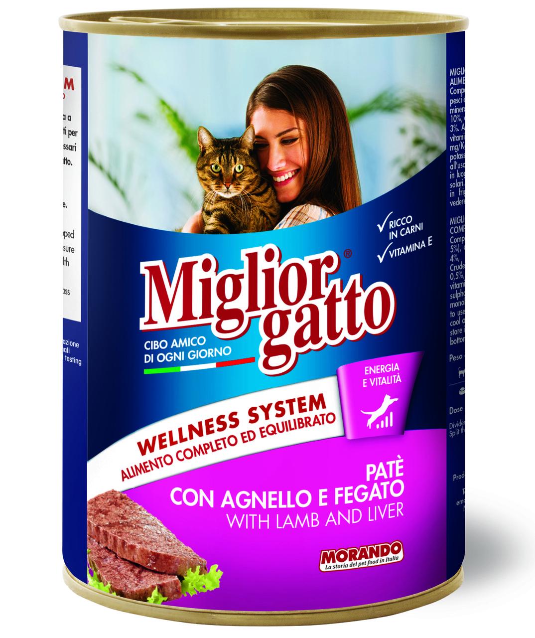 Корм влажный Migliorgatto Pate для взрослых кошек в виде паштета с ягненком и печенью 400 г 01243