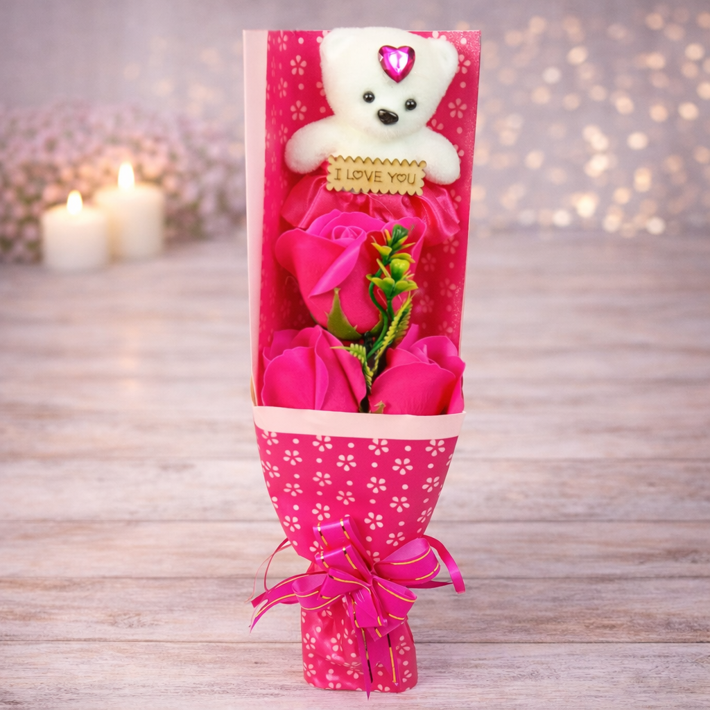 Букет із мильних троянд з ведмедиком у подарунковій коробці 3 шт. Малиновий (06-F-7537mm)