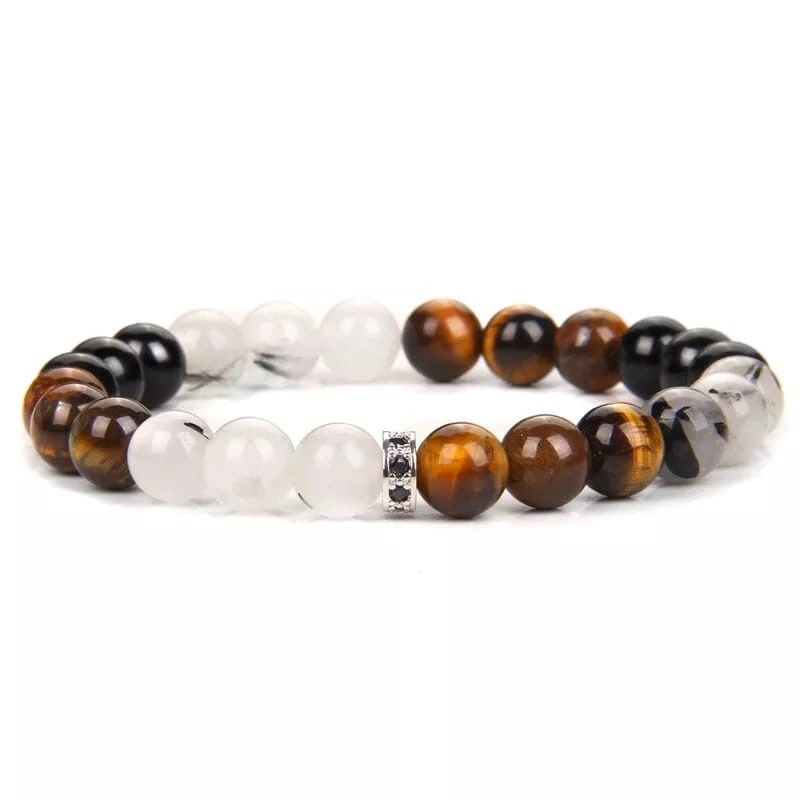 Браслет из тигрового глаза агата и кварца с диском р. 14 Серебряный/Коричневый (90098)