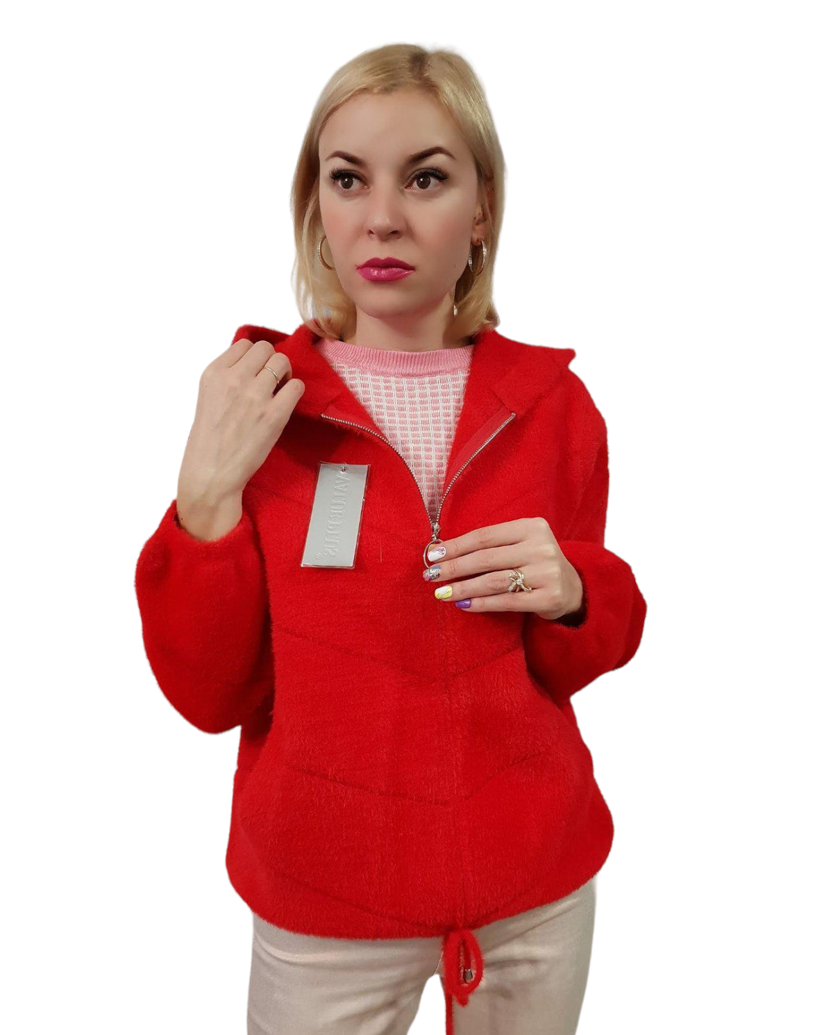 Пальто женское с капюшоном из шерсти альпака р. 46-50 Красный (8816)