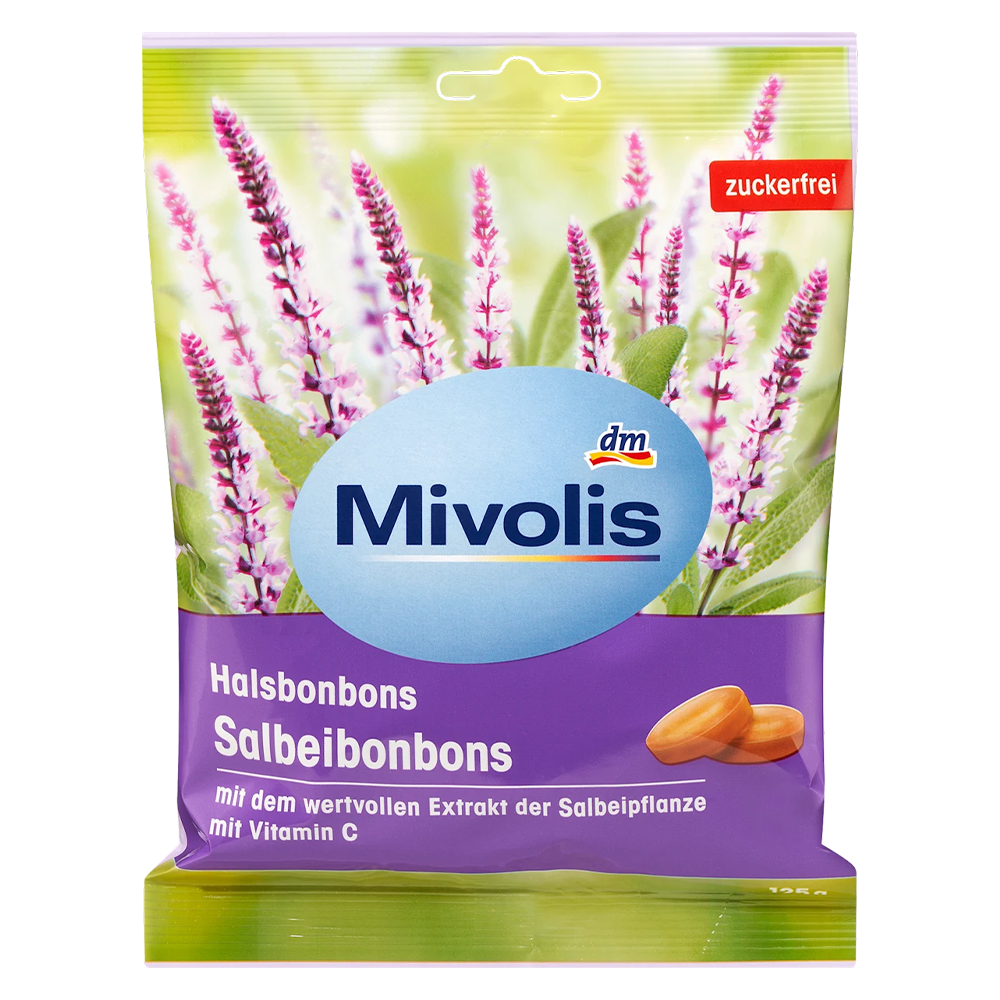 Леденцы для горла DM Mivolis Halsbonbons Salbeibonbons со вкусом шалфея без сахара с витамином C 125 г (EPI-15102025-1383)