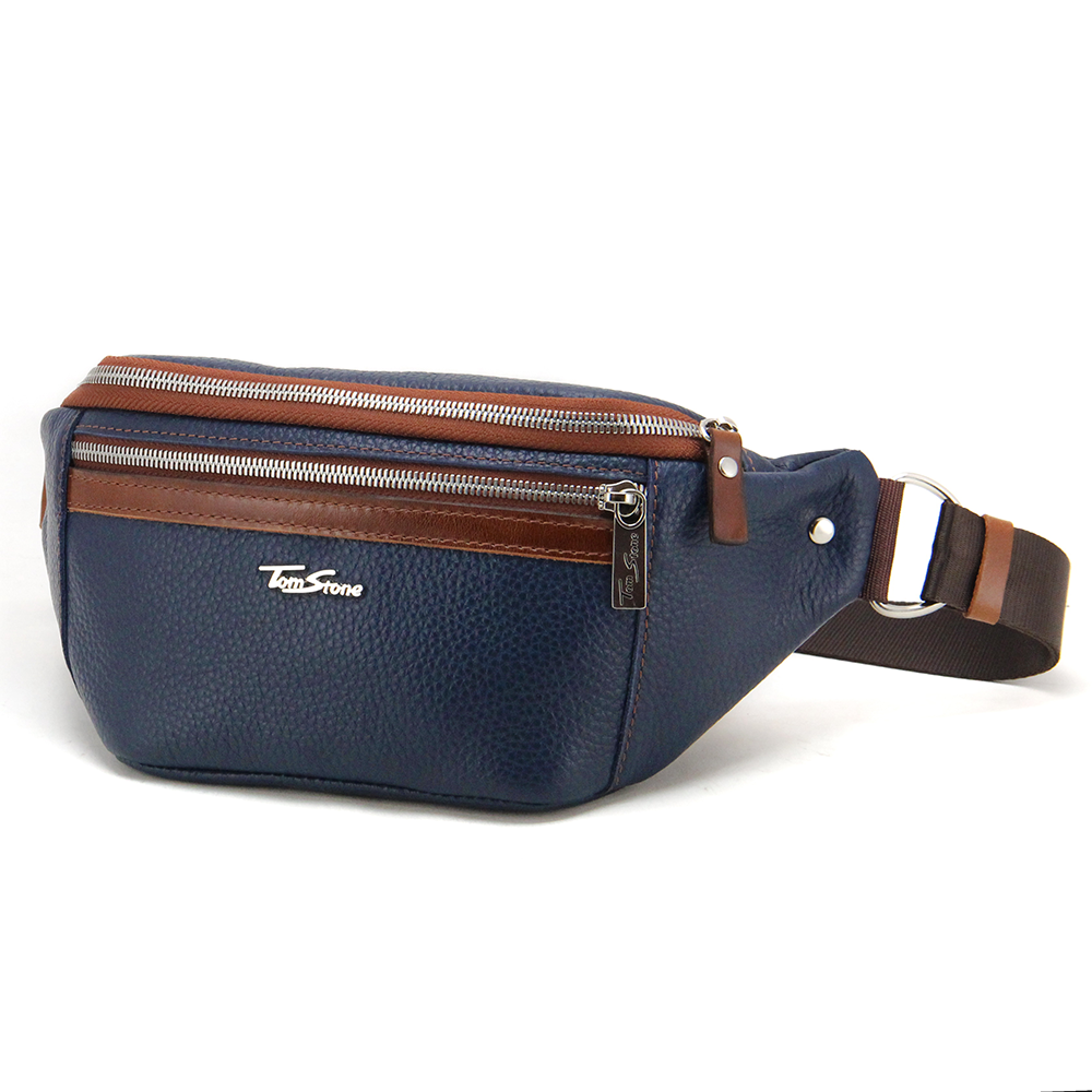 Сумка-бананка поясная кожаная Tom Stone 122 FBL Синий/Коричневый