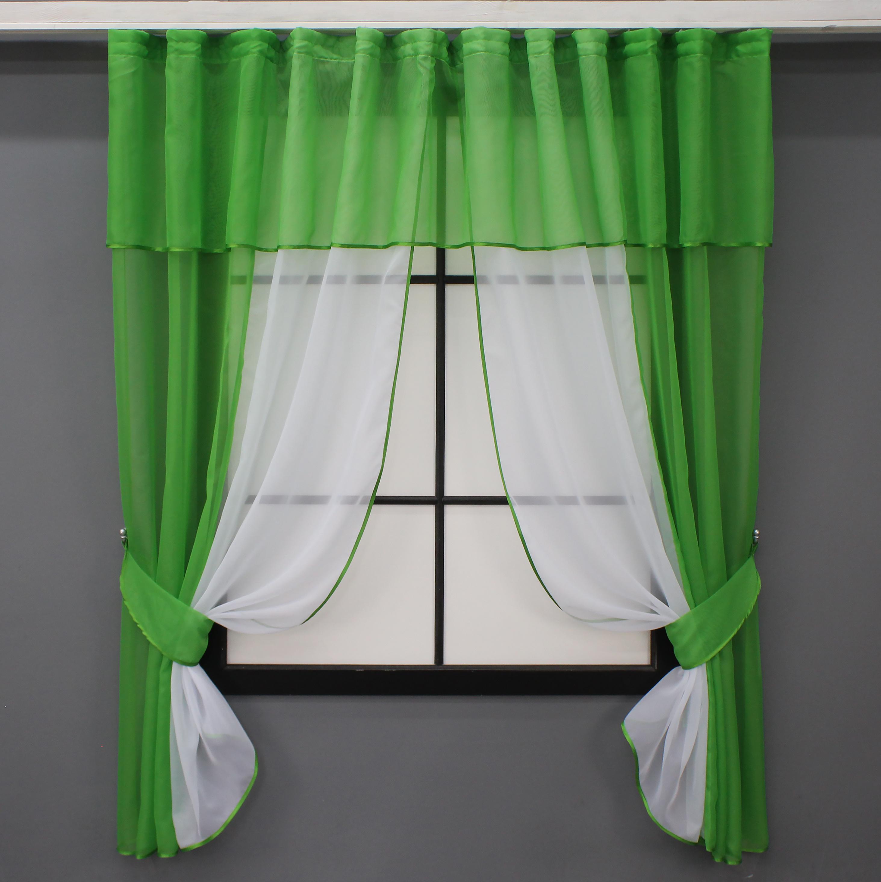 Шторы кухонные VR-Textil № 090к с ламбрекеном и подвязками 280х170 см Салатовый темный/белый (52-0858)