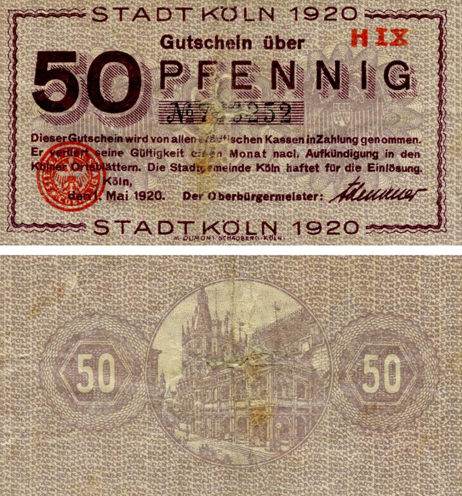 Коллекционная банкнота Германия Нотгельд 50 пфеннигов 1920 G-VG Кельн Разновидность 1 (Б18690)