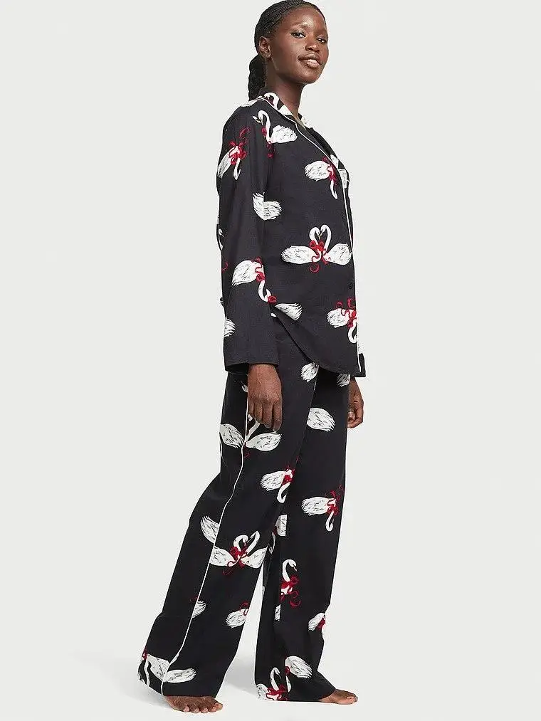 Піжама жіноча фланелева Victoria's Secret Fancy Swans Flannel Long Pajama Set XL Чорний (15014874)