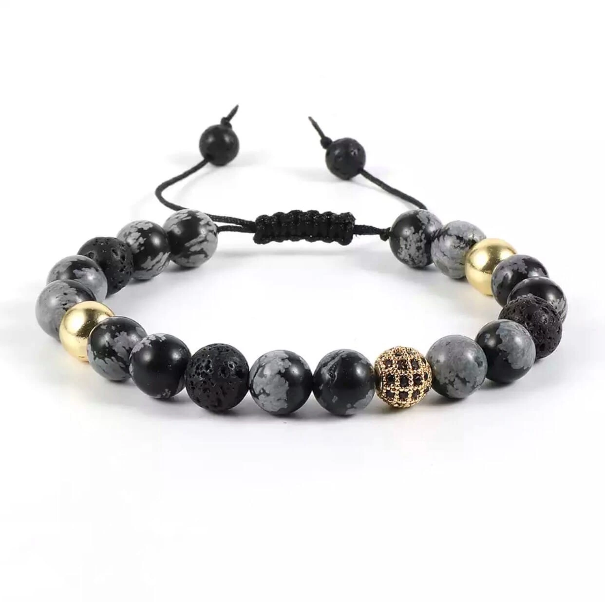 Браслет із обсидіану та лавового каменю з кулею на стяжці р. 21 Золотий (90113)