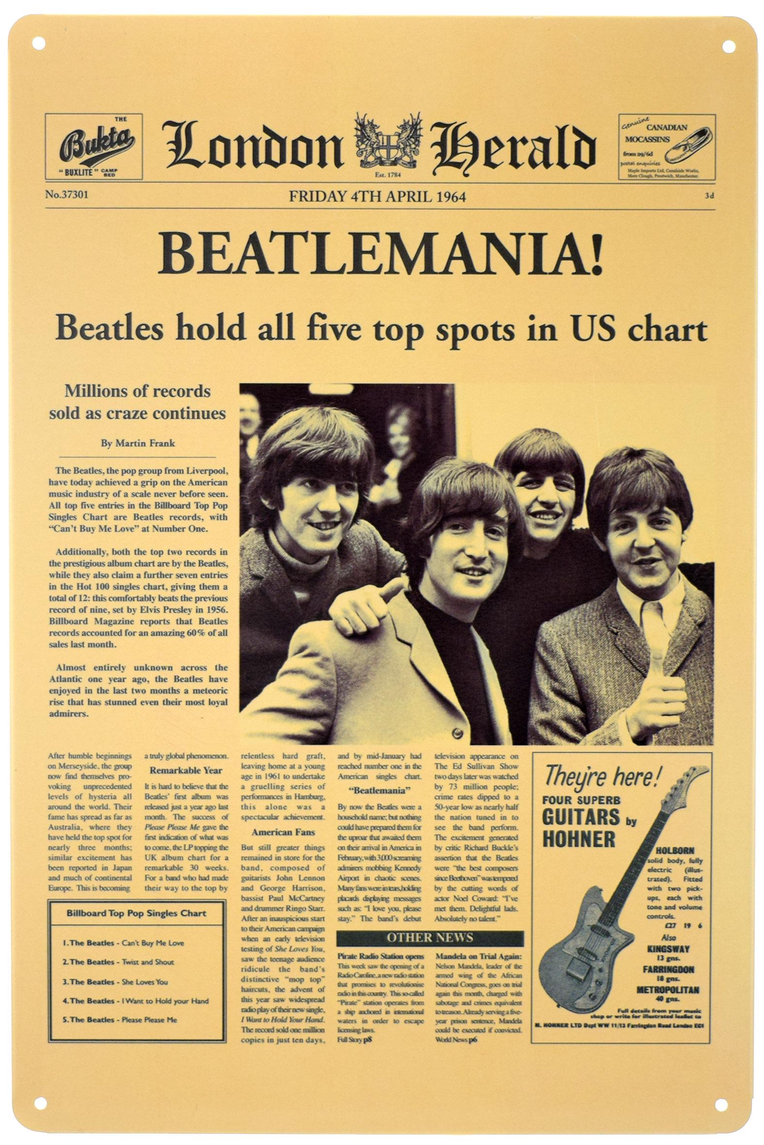 Табличка металлическая Битломания/Beatlemania 20x30 см