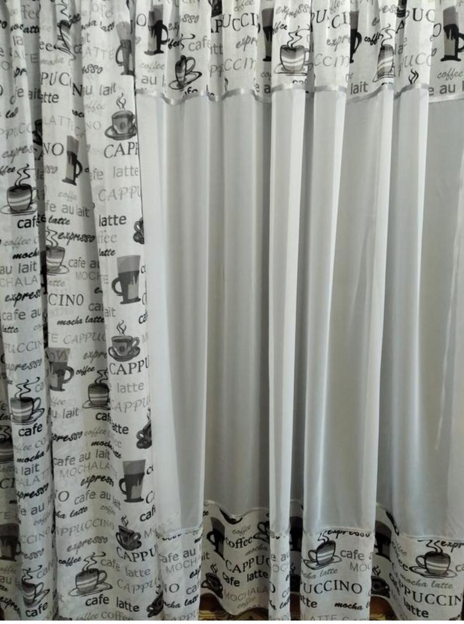 Комплект на кухонное окно Кофе шифон и батист окантованный бейкой 290х190 см Белый/Серый (кшс-02) - фото 4