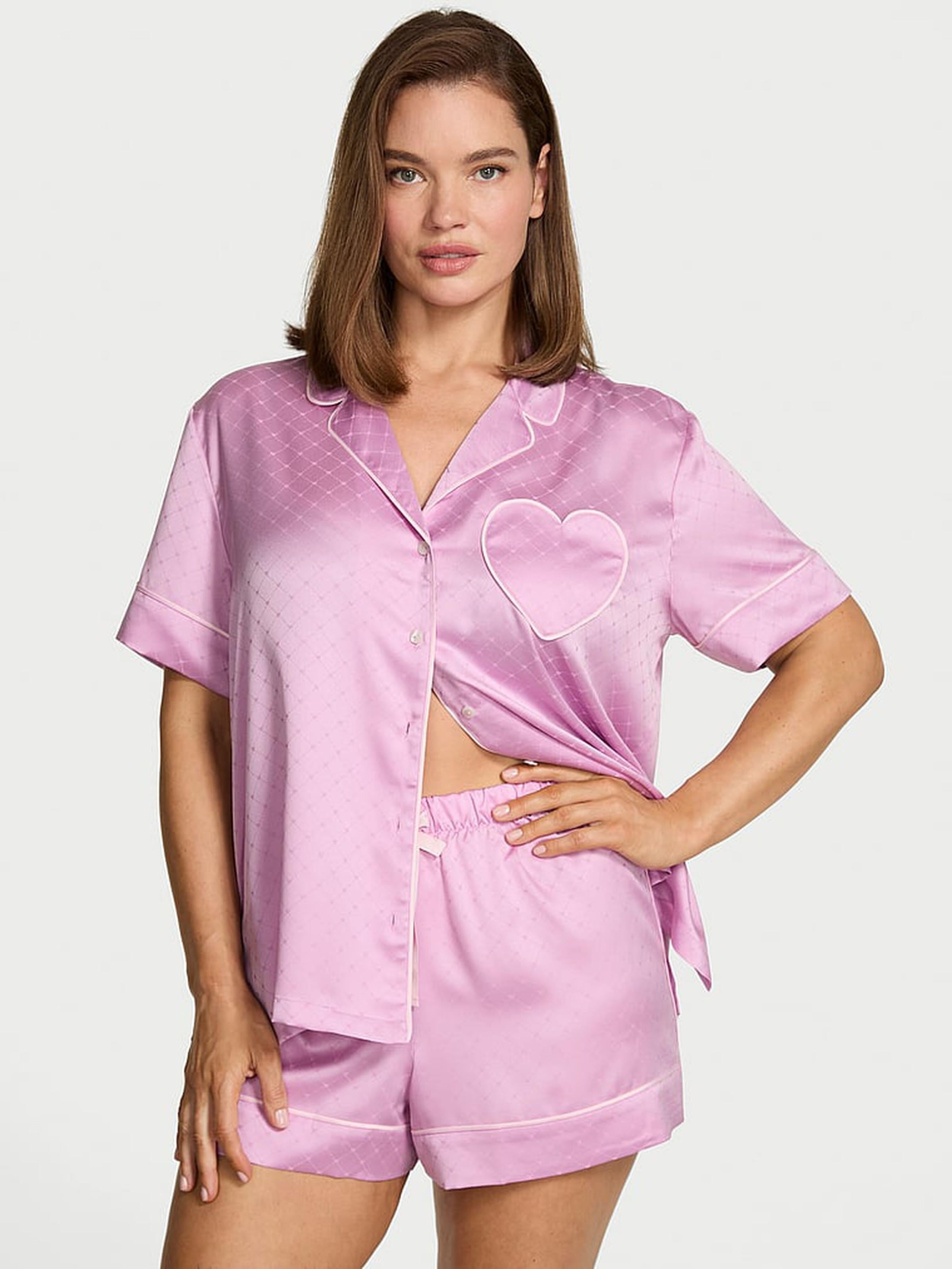 Пижама сатиновая Victoria's Secret Glazed Satin Heart Short Pajama Set Bikini Pink S Лиловый (29978150D)