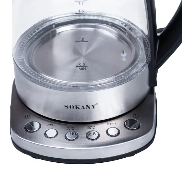 Електрочайник скляний Sokany SK-09003 з підтримкою та регулюванням температури 1,7 л Сталевий - фото 4 Електрочайник скляний Sokany SK-09003 з підтримкою та регулюванням температури 1,7 л Сталевий - фото 4