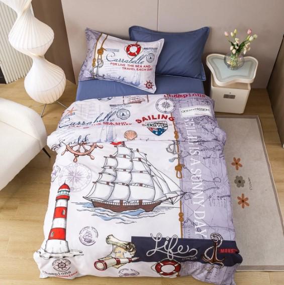Комплект постельного белья детский с летним одеялом Laura Grand Корабль котон полуторный (2930837734)