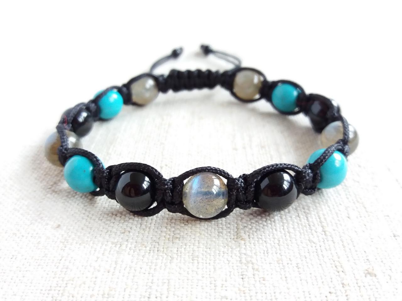 Браслет Шамбала Черный турмалин/Бирюза/Лабрадор d 8 мм (1120262100)