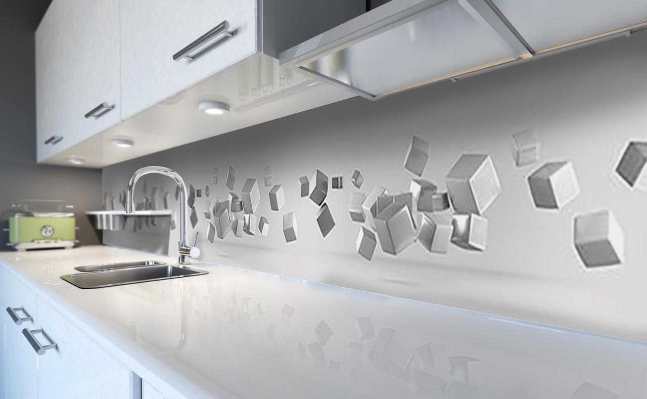 Кухонный фартук Серебряные кубы геометрия из самоклеющейся виниловой пленки 65х250 см Серый
