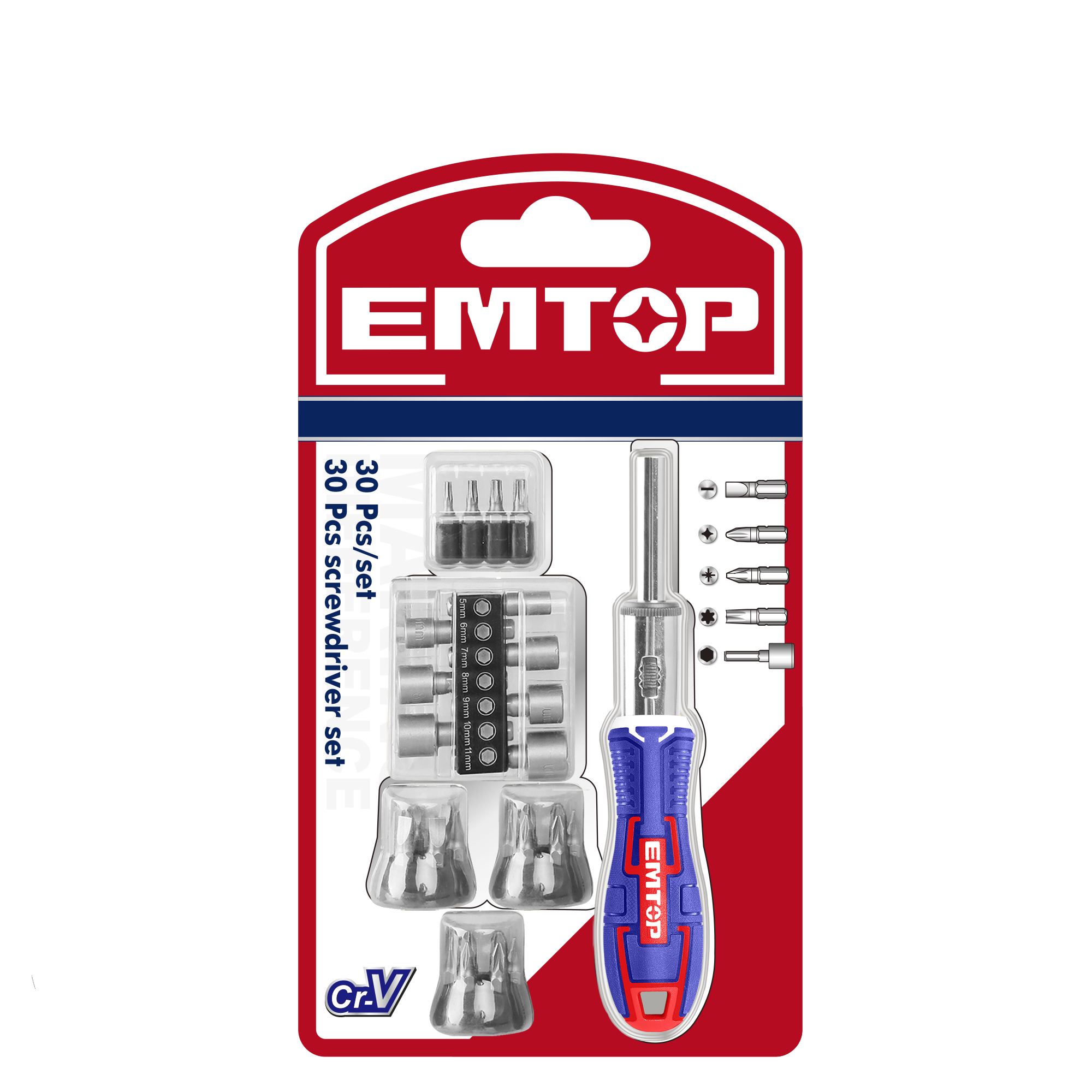 Отвертка универсальная EMTOP EBST03006 с битами 30 шт.