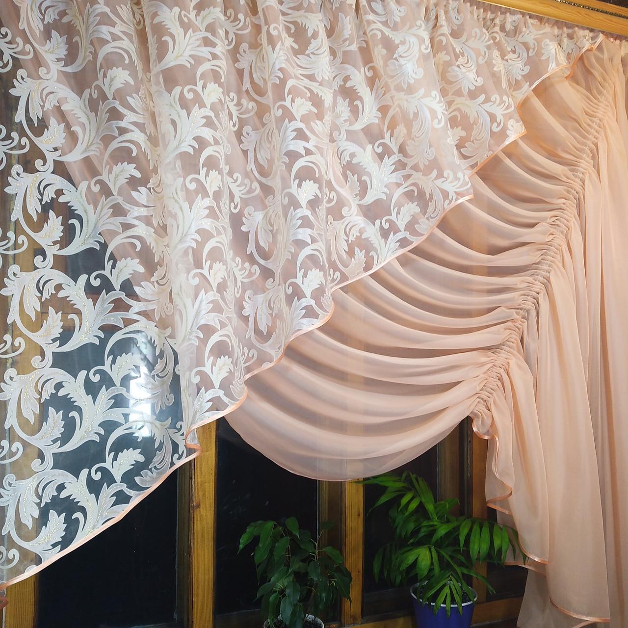 Фіранка готова коротка Камелія вензель права Персиковий/Кремовий - фото 3 Фіранка готова коротка Камелія вензель права Персиковий/Кремовий - фото 3