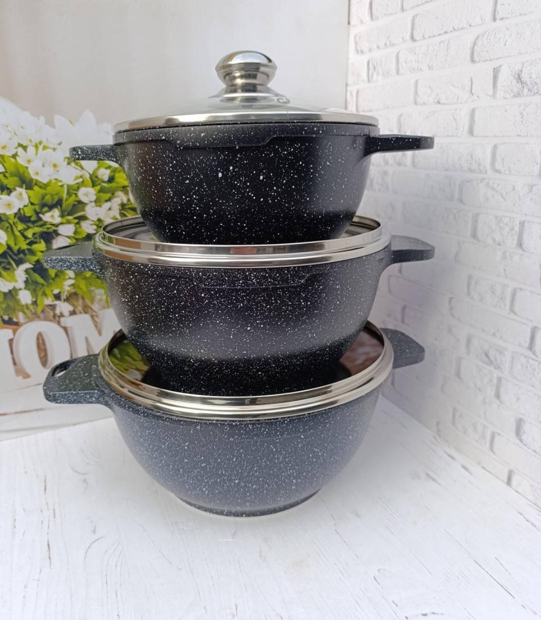 Набор кастрюль Benson BN-386 с мраморным антипригарным покрытием 6 предметов Черный (BN-386)