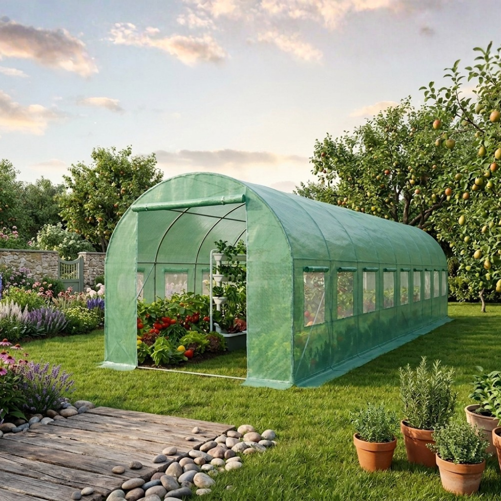 Теплица садовая арочная с 20 окнами и 1 рулонным входом из армированной UV-4 пленки 30 м2 10х3х2 м труба 25 мм Зеленый (29101 7)