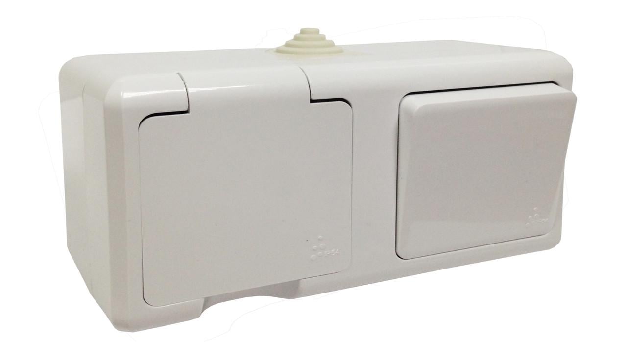 Блок Lumano AQUA електроустановочний одноклавішний вимикач/розетка з.з. IP54 Білий (18128)