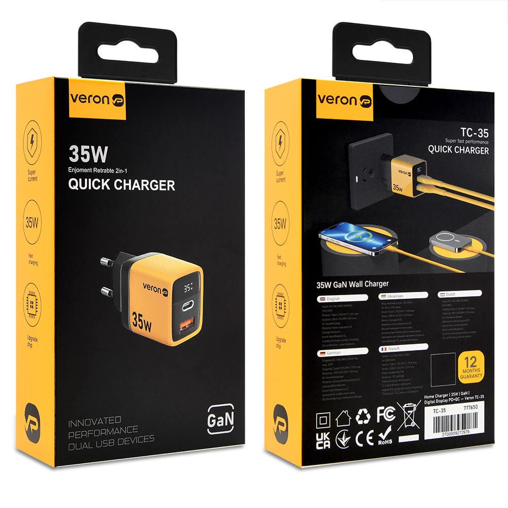 Зарядное устройство Veron TC-35 GaN 35W PD+QC Type-C USB-A с дисплеем Желтый (777650) - фото 8