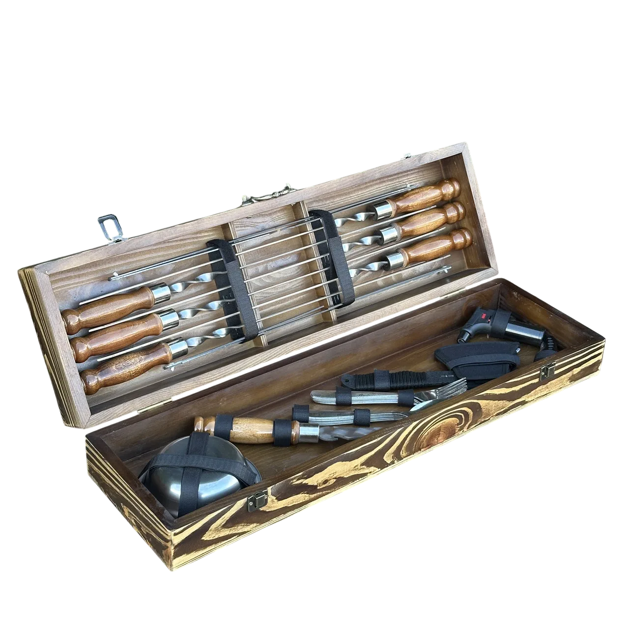 Подарунковий набір шампурів з аксесуарами Mzavod Гетьман із нержавіючої сталі в дерев’яному кейсі 720x120x210 мм (136-17-1190710000854)