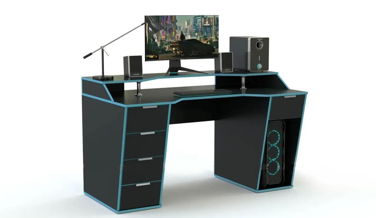 Геймерский стол COMFORT X1400 с надстройкой и ящиками Черный с синим Геймерский стол COMFORT X1400 с надстройкой и ящиками Черный с синим