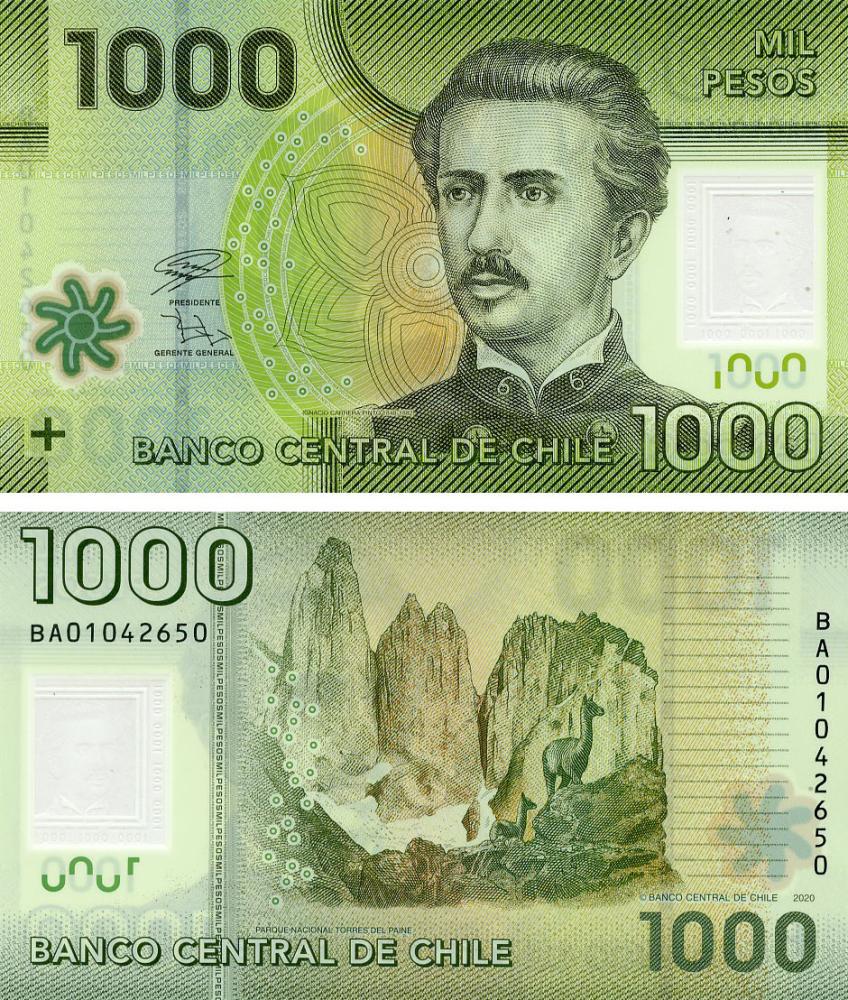 Коллекционная банкнота Чили 1000 песо 2020 полимер UNC Лама Национальный парк Торрес-дель-Пайне (P161j)