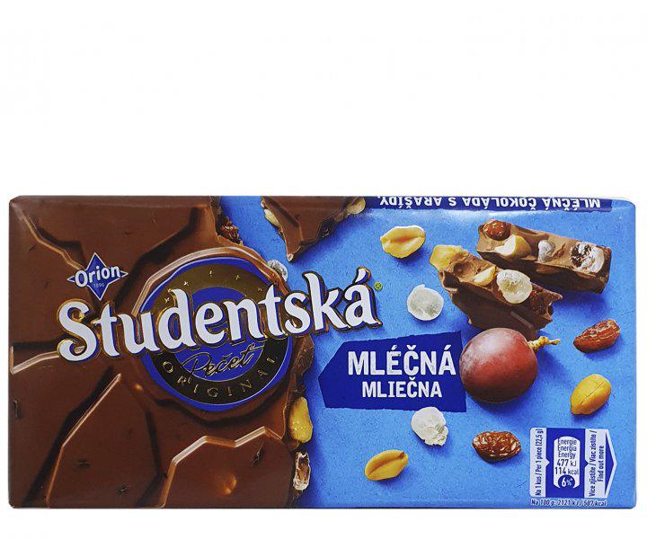 Шоколад Studentska Mlecna Молочный с арахисом изюмом и желе 180 г