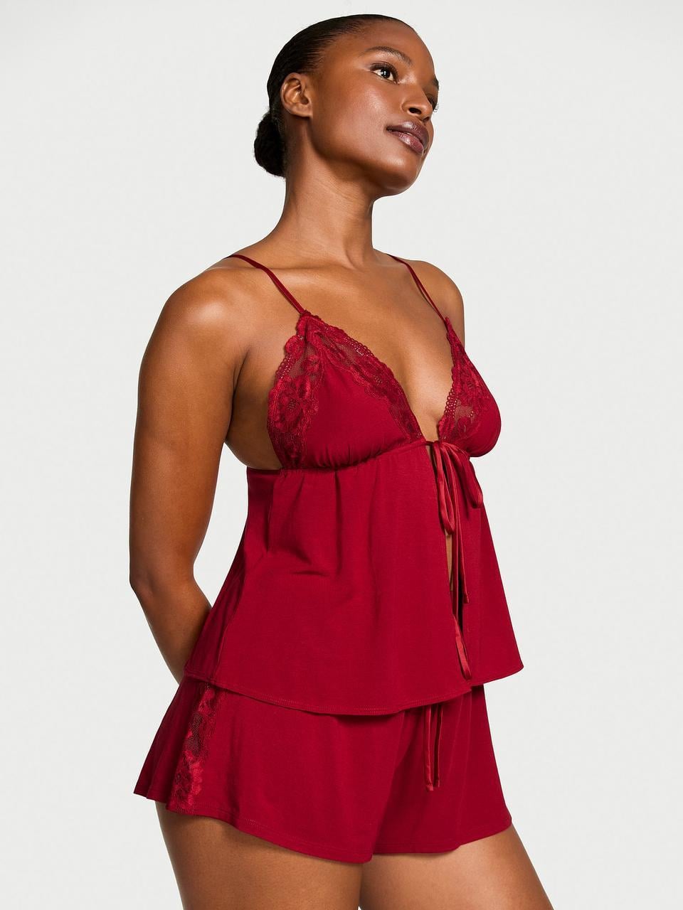 Пижама модал Victoria's Secret SoSoft Lace-Trim Flyaway Cami Set XS Бордовый (365321193181)