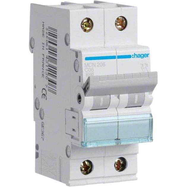 Выключатель автоматический Hager 6А автомат двухполюсный MCN206 2P 6 kA C-6A 2M (3151) - фото 1 Выключатель автоматический Hager 6А автомат двухполюсный MCN206 2P 6 kA C-6A 2M (3151) - фото 1