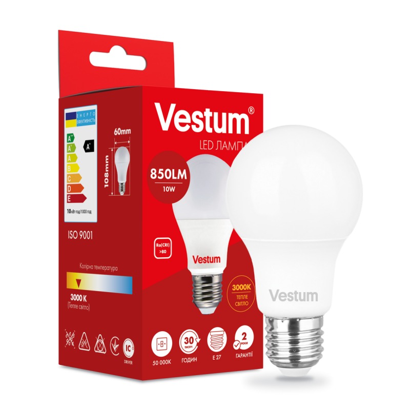 Светодиодная лампа Vestum 1-VS-1106 A60 10W 3000K 220V E27