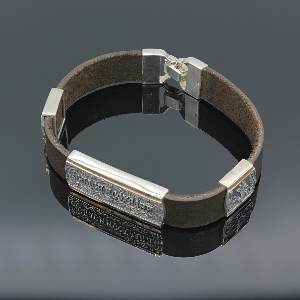 Браслет серебряный Diva с золотыми вставками на коже Спаси и Сохрани р. 19 (037бр19)