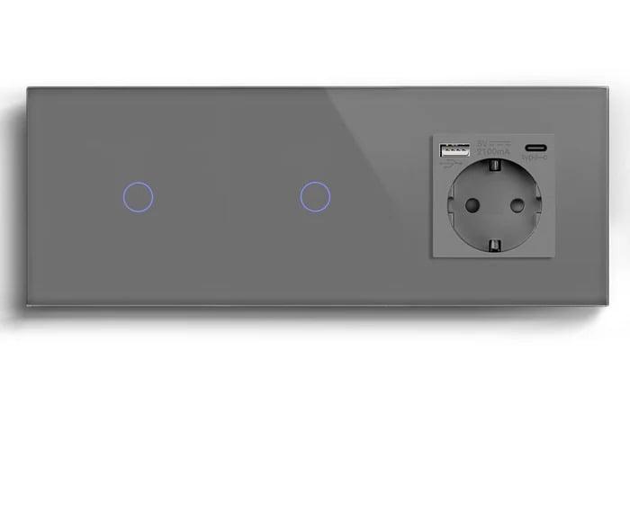 Выключатель проходной LUXION сенсорный 2 сенсора 1-1 с розеткой USB A+C 20Вт с заземлением/шторками стекло Серый