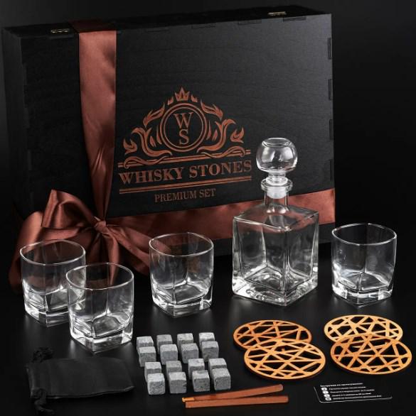 Подарочный набор для алкоголя камни для виски Whiskey Stones 16 шт. и графин Bohemia с хрустальными стаканами