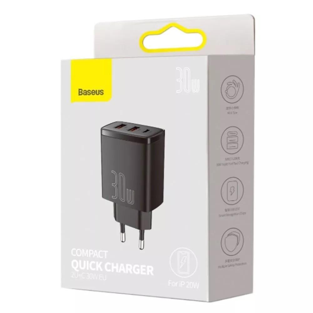 Зарядное устройство сетевое BASEUS Compact Quick Charger 30W QC PD 1Type-C 2USB Black (15372814) - фото 4