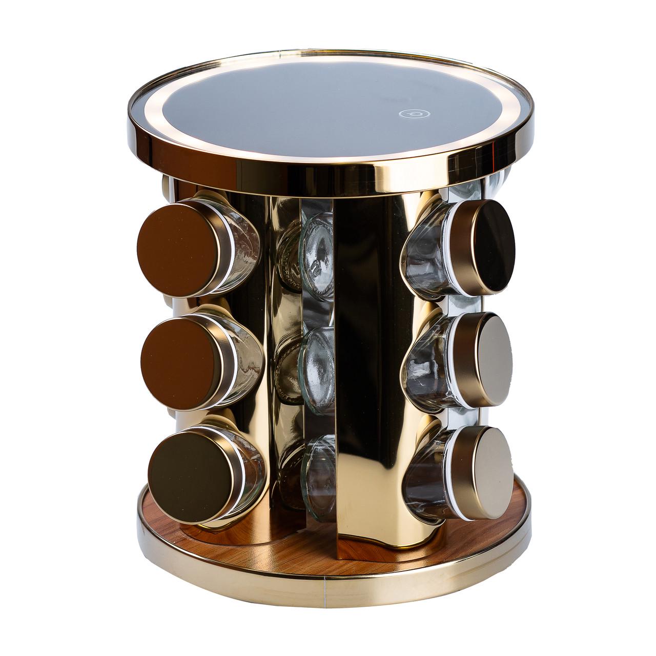 Набір для спецій 12 предметів на круглій підставці з LED-підсвічуванням Золотий