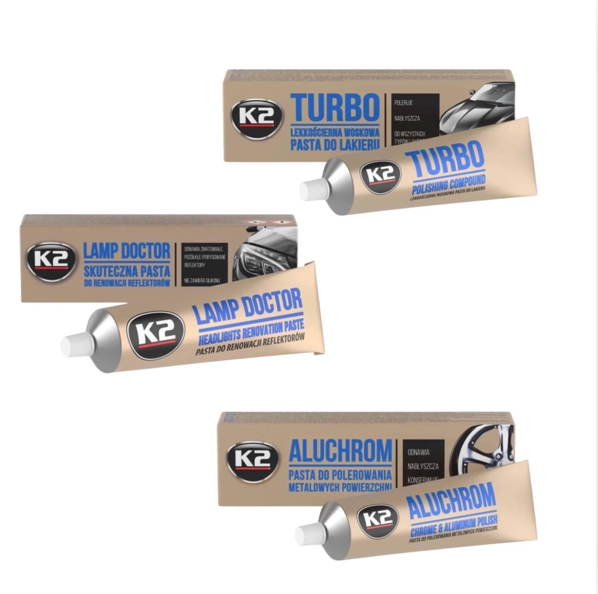 Набор полировальных паст K2 Turbo/Lamp Doctor/Aluchrom для кузова фар и металла (AG12637)