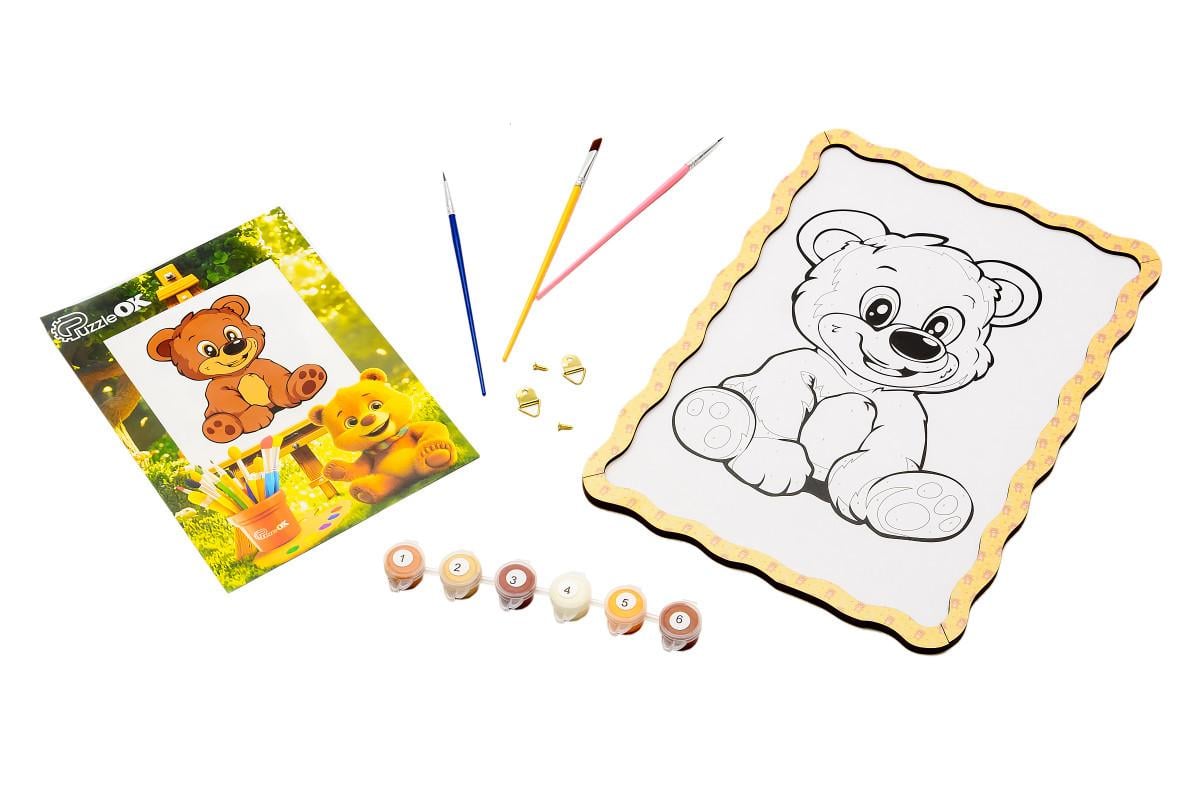 Игрушка-раскраска развивающая из дерева PuzzleOK Мишка с красками