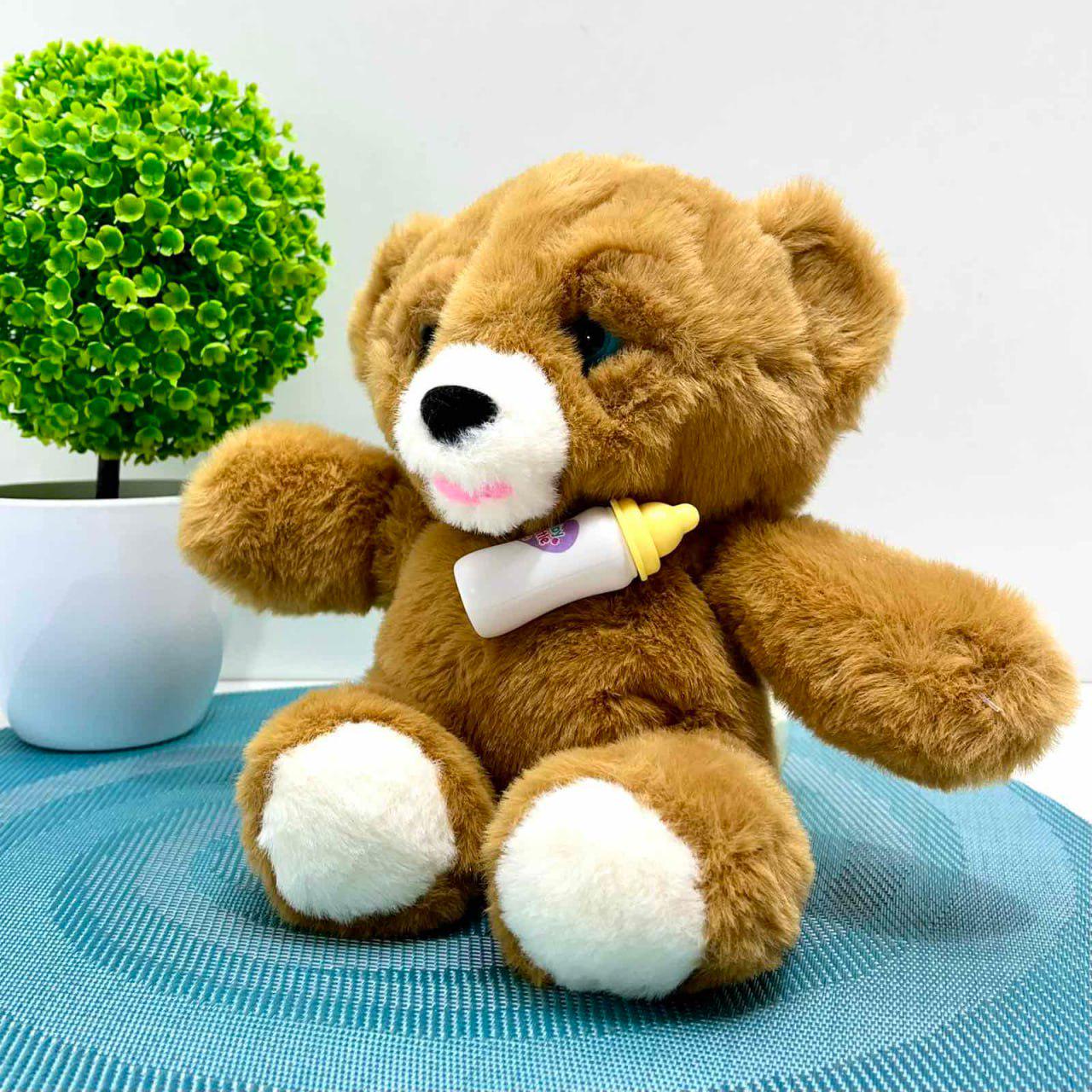 Мягкая игрушка интерактивная Мишка бутылочка/моргает/сенсорный и магнитный датчик/звук 24 см Коричневый (933-216 E)