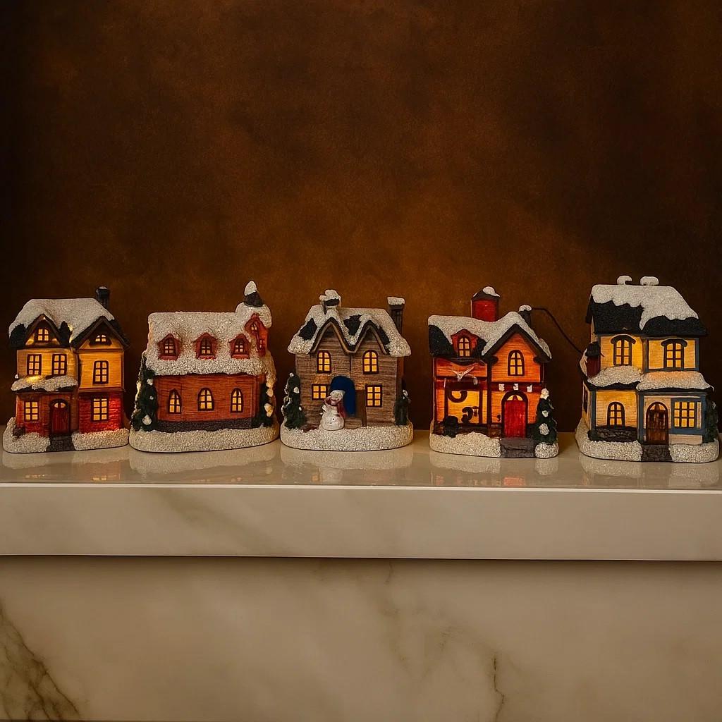 Рождественский декоративный набор Melinera Домики LED на батарейках/таймере 5 шт. Красный (17553)