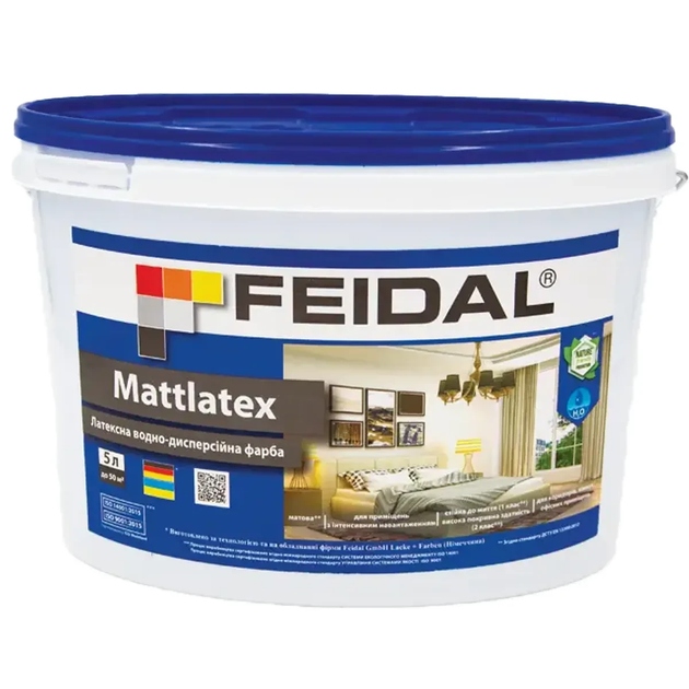 Краска Feidal Mattlatex латексная база А белая для внутренних работ глубокий мат устойчива к мытью высокая укрывистость 5 л (1814972198)