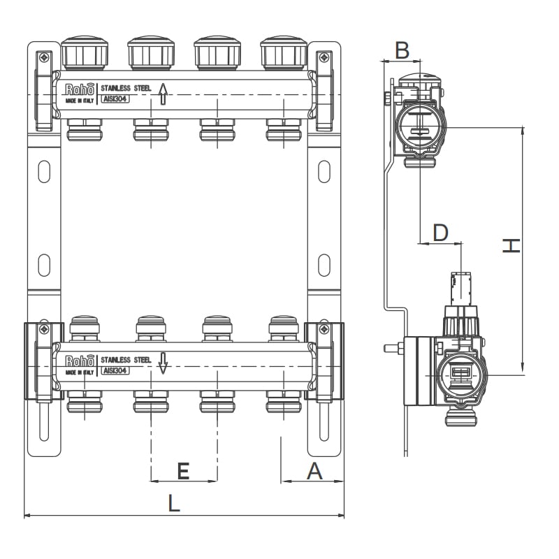 Коллектор с термостатическими и запорными клапанами Roho R805-04 1"х4 выхода (RO0058) - фото 3