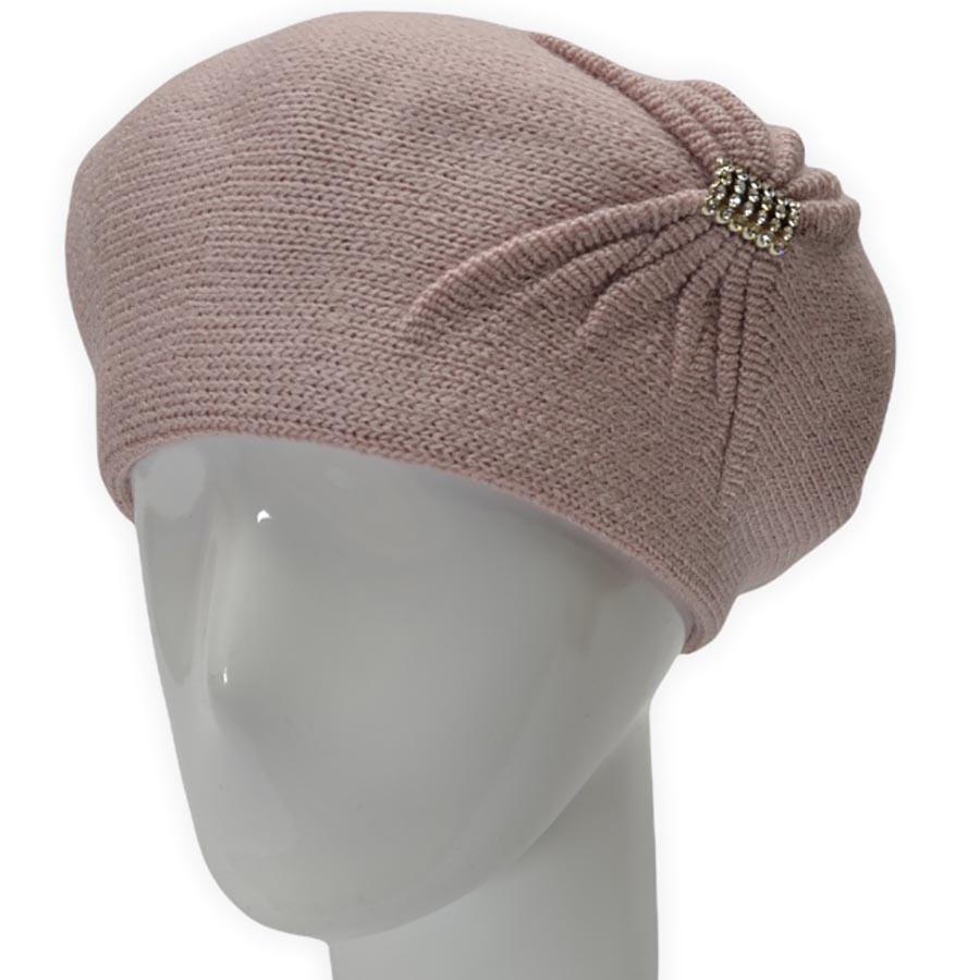 Берет жіночий Lirus Бонжур з подвійної вовни з візерунком збоку і брошкою Рожево-пудровий