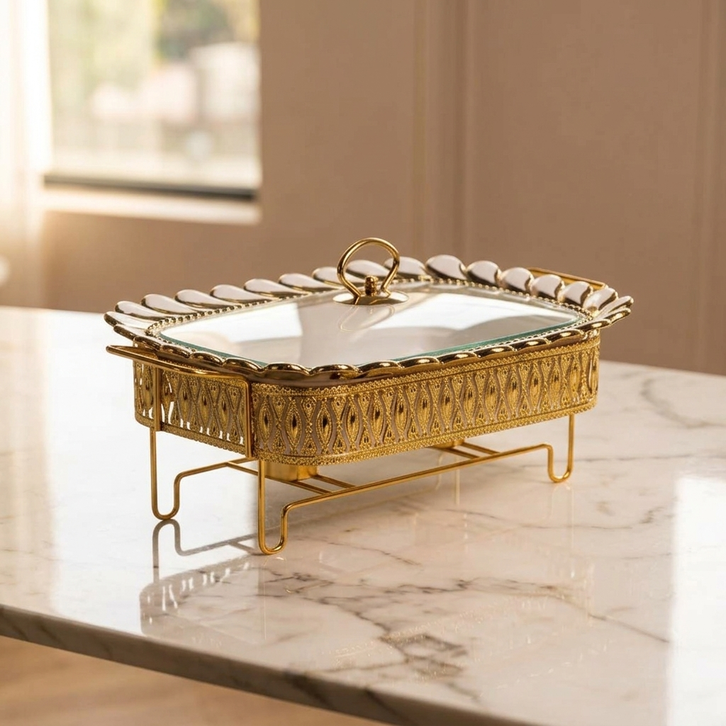 Мармітниця порцелянова настільна прямокутна на металевій підставці Tiffany для гарячих страв з підігрівом 34×26×7 см 1,5 л Білий (SX42-2)