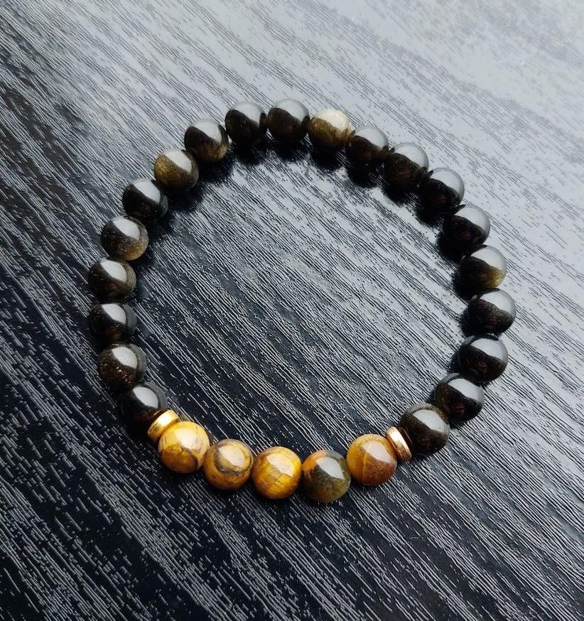 Браслет LITAURS из натурального камня d8мм обсидиан/тигровый глаз L 18-21 см (250212-1)