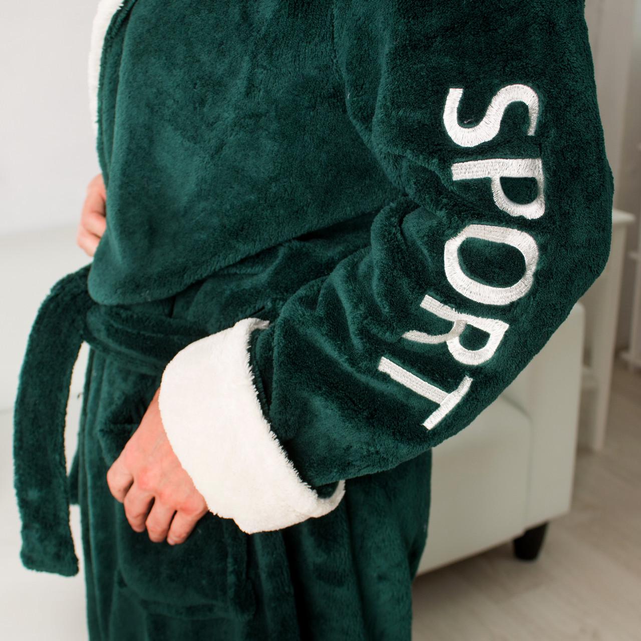 Халат мужской махровый с белым воротником с капюшоном М Зеленый (48) - фото 4 Халат мужской махровый с белым воротником с капюшоном М Зеленый (48) - фото 4