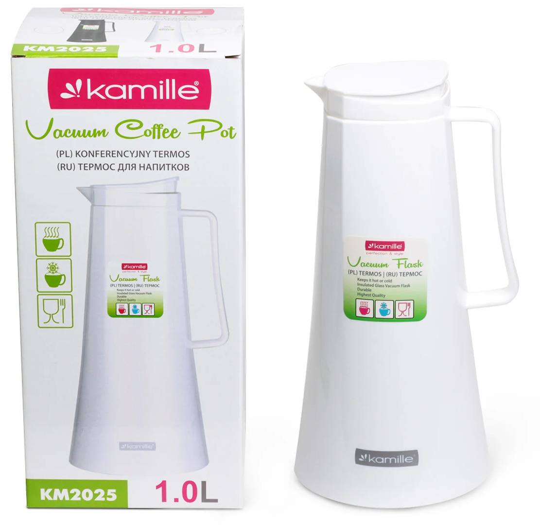 Термос Kamille пластиковый со стеклянной колбой 1000 мл Белый (MKM-2025)