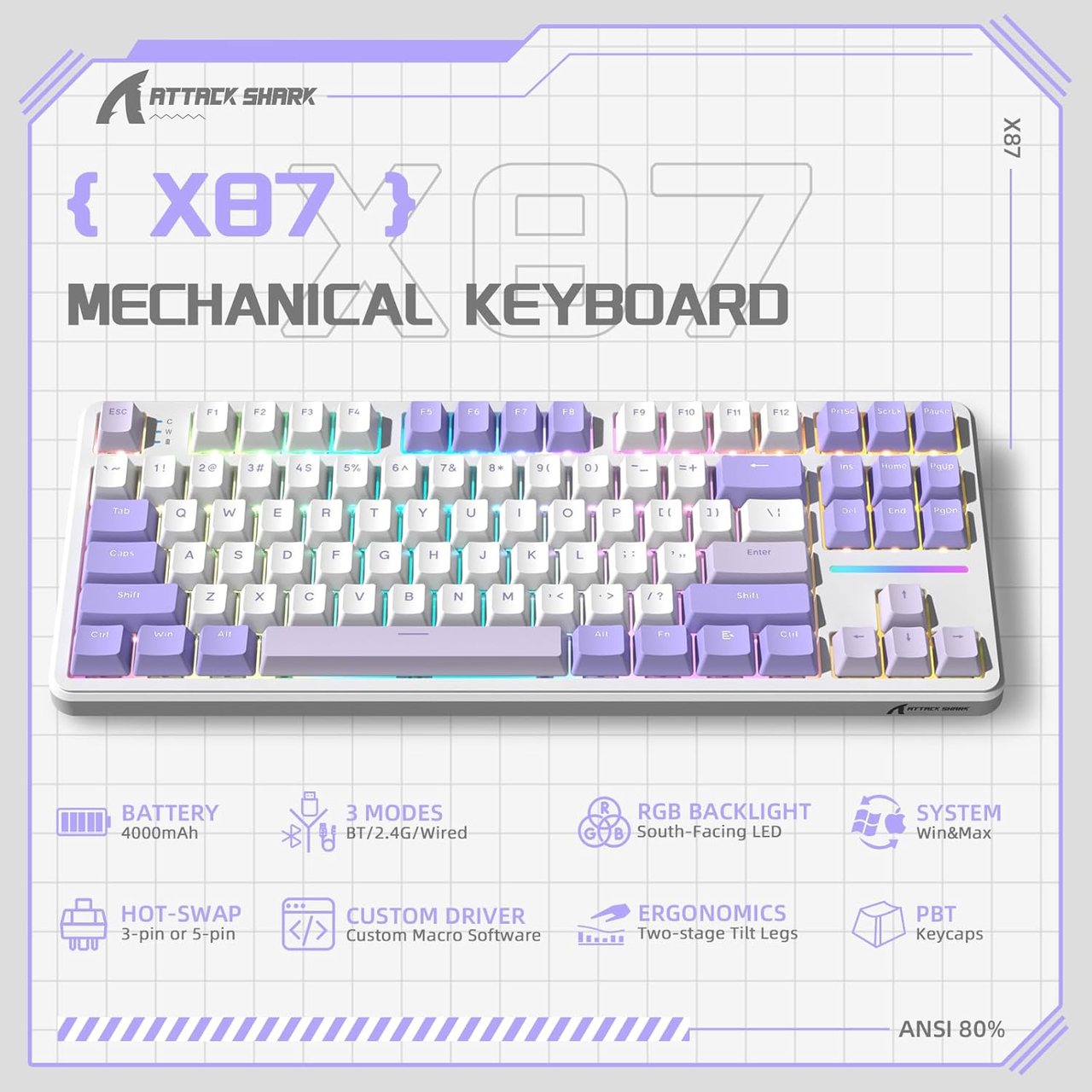 Клавиатура игровая attack shark X87 беспроводная механическая с RGB подсветкой с поддержкой HOT-SWAP - фото 2 Клавиатура игровая attack shark X87 беспроводная механическая с RGB подсветкой с поддержкой HOT-SWAP - фото 2