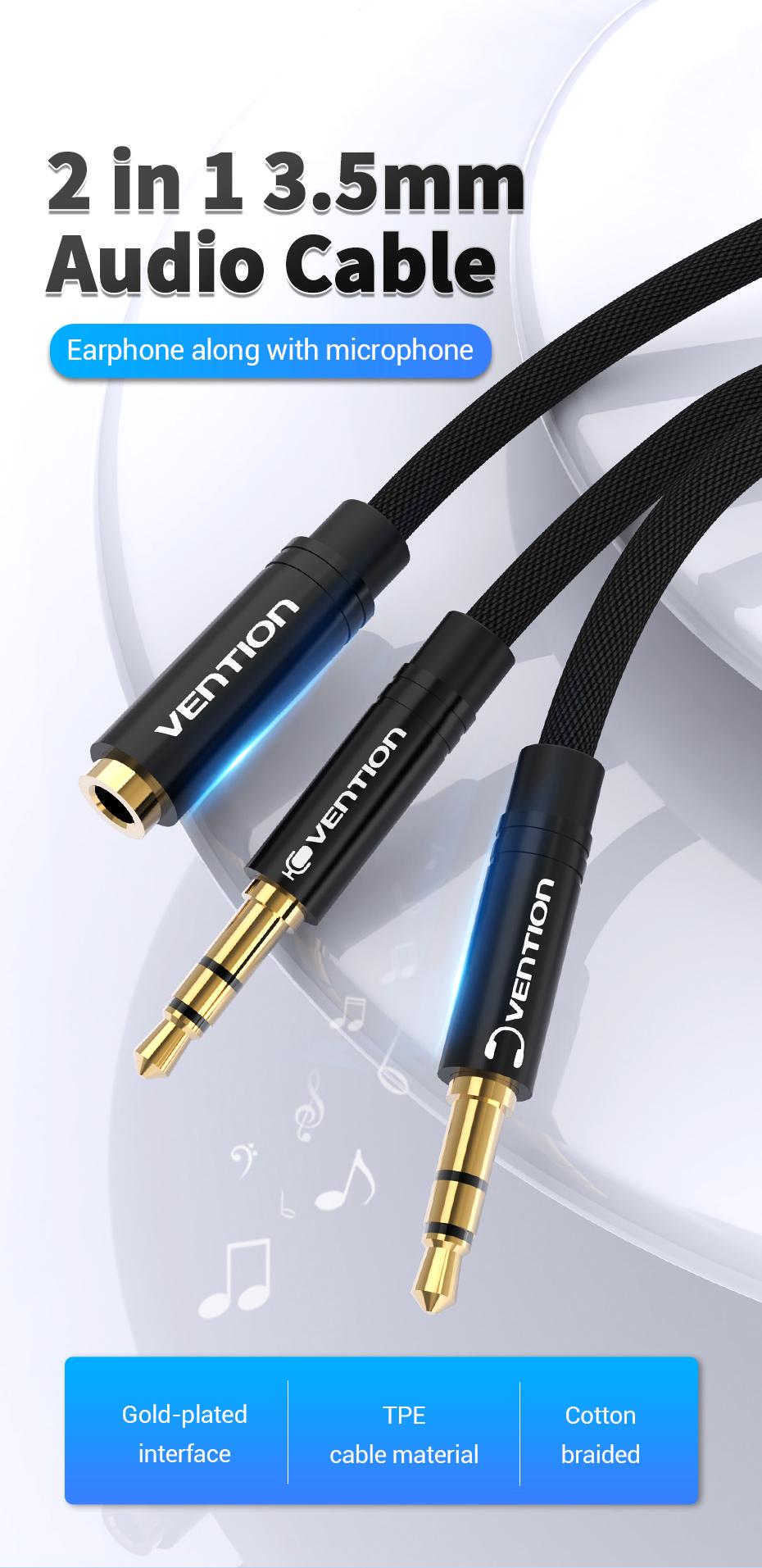 Переходник Vention 2х3.5 мм minijack-3.5 мм/minijack AUX 4-пиновая нейлоновая оплетка TRRS 1 м Черный (BBLBF) - фото 2