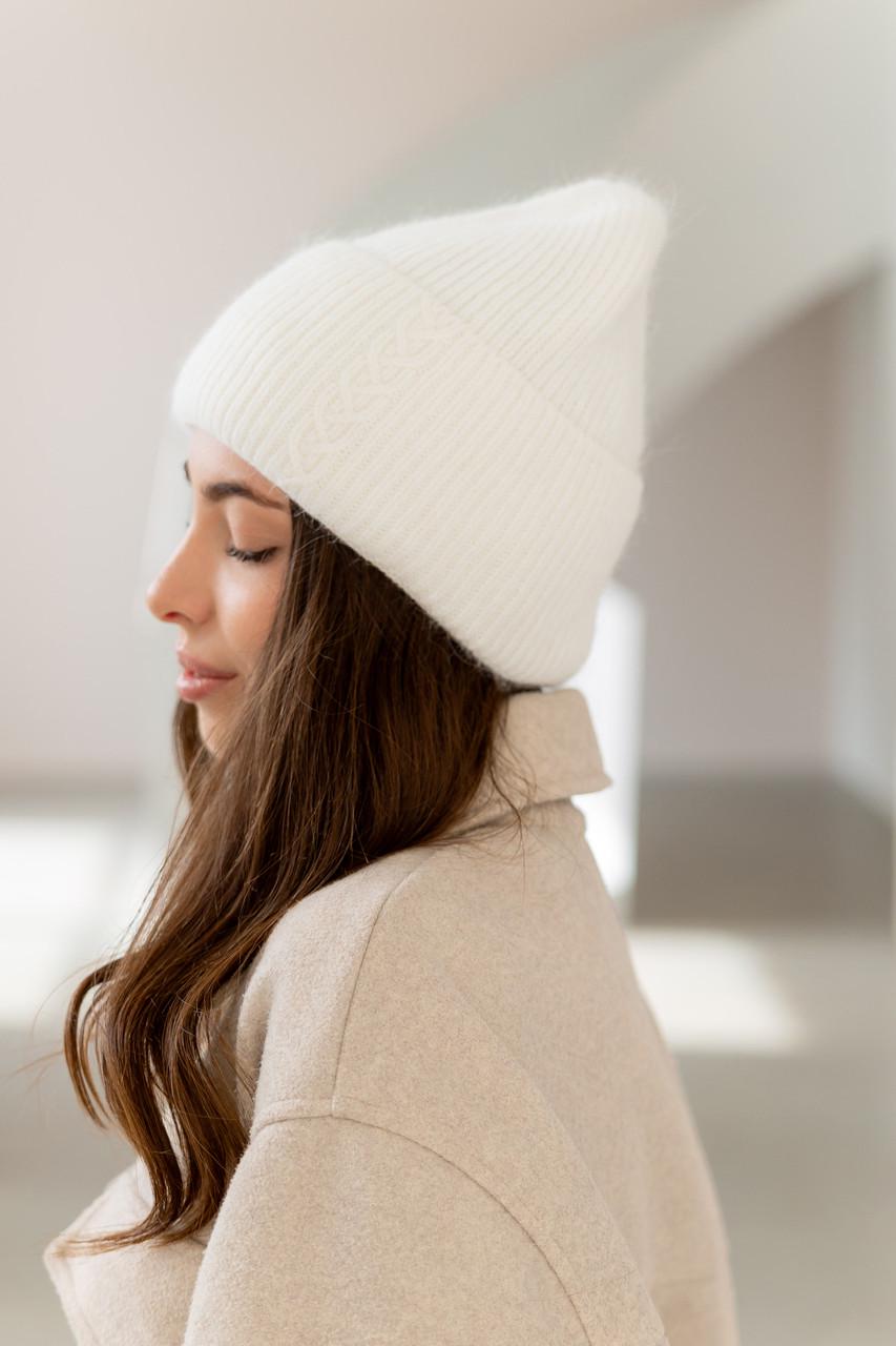 Шапка женская вязаная из ангоры с орнаментом и флисовой подкладкой Белый (2767418323)